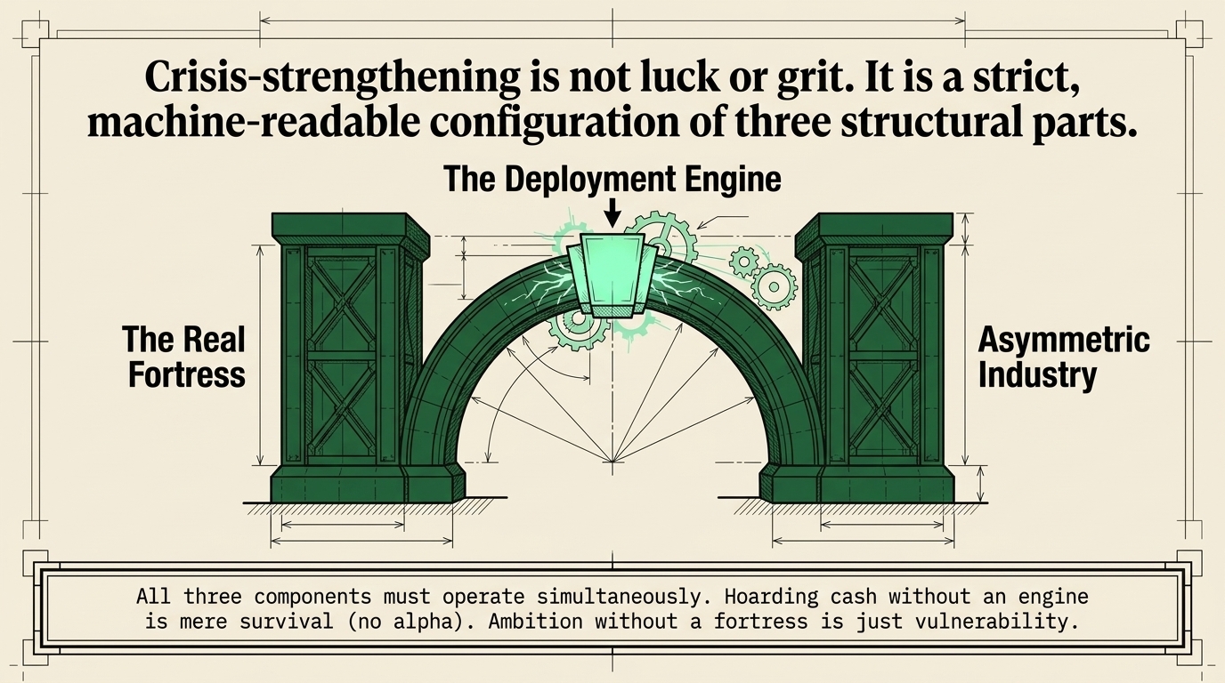 Diagram of an arch: two green piers labelled The Real Fortress and Asymmetric Industry,
            with The Deployment Engine as the keystone.