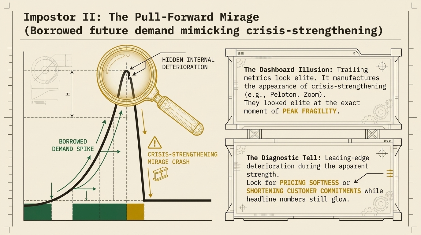 Chart of demand pulled forward during a crisis then reversing, marking the point of
            peak fragility for Peloton and Zoom.