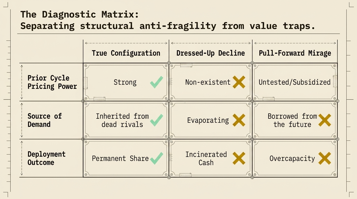 Three-by-three diagnostic matrix separating the true configuration from the
            dressed-up decline and the pull-forward mirage.
