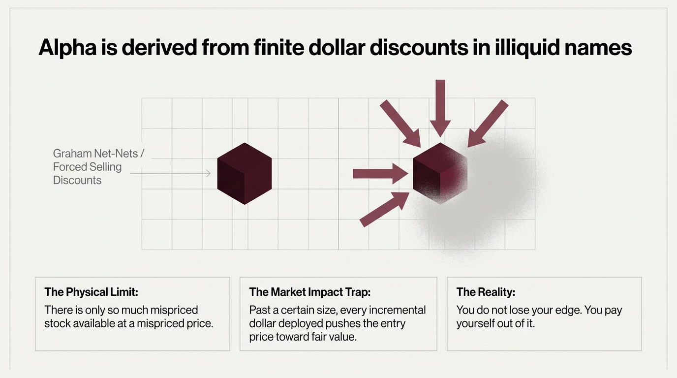 Left, a small dark cube labelled Graham net-nets and forced-selling discounts. Right, the
            same cube crushed from every side by inbound arrows and blurring outward toward fair value.