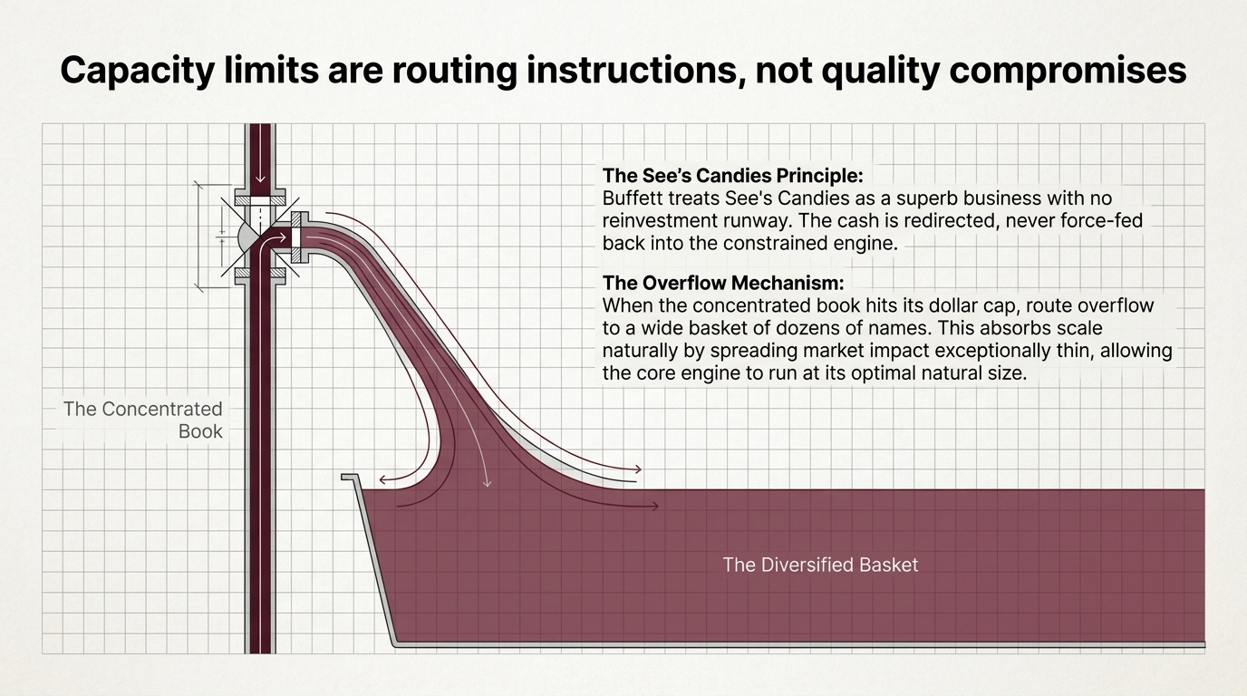 A plumbing schematic: the narrow pipe of the concentrated book meeting a valve that
            diverts overflow into a wide shallow basin labelled the diversified basket.