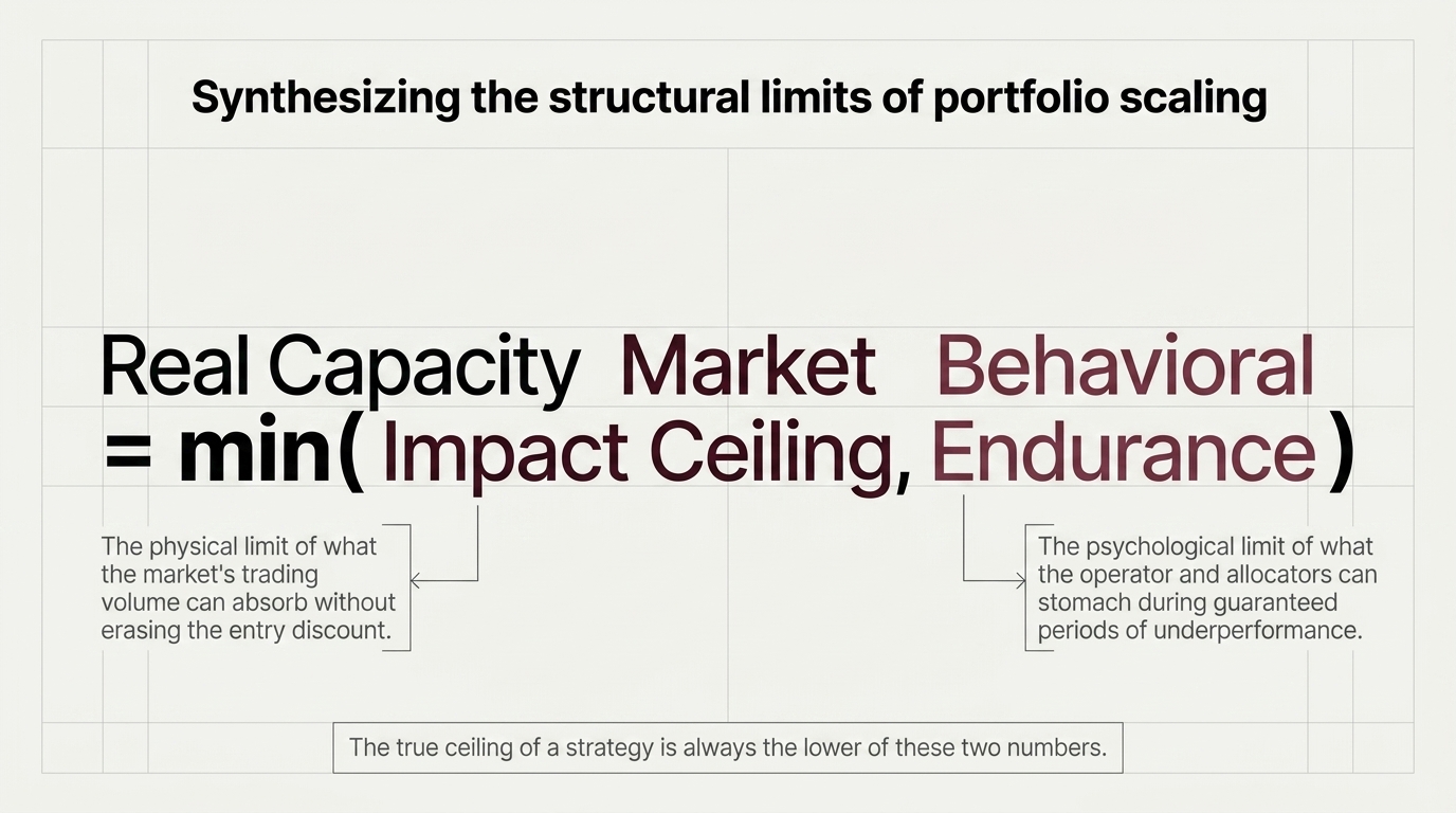 The formula set large: real capacity equals the minimum of the market-impact ceiling and
            behavioral endurance — the physical limit of what volume can absorb, and the psychological
            limit of what can be held through underperformance.