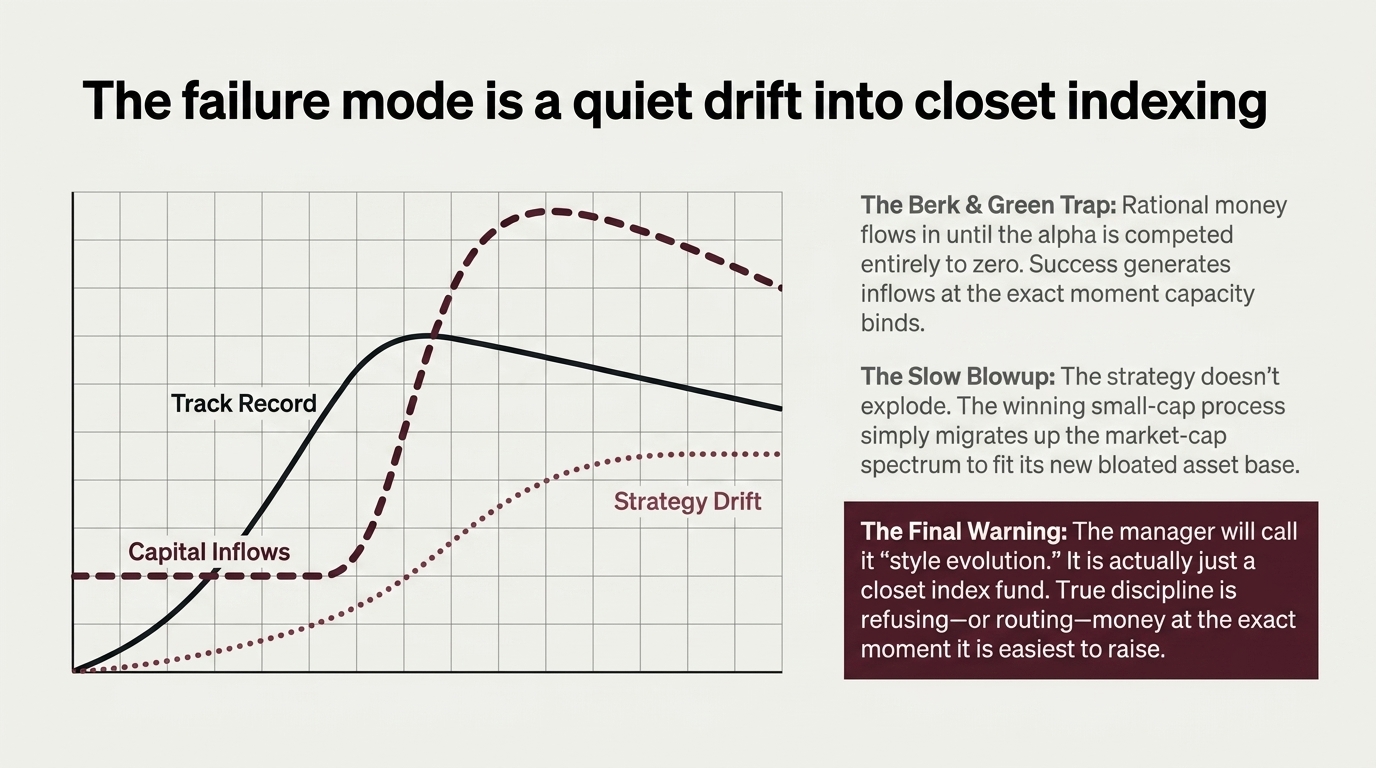 Three diverging curves: a track record rising then rolling over, capital inflows surging
            after it, and strategy drift climbing steadily behind — with a panel warning that the
            result is a closet index fund called style evolution.