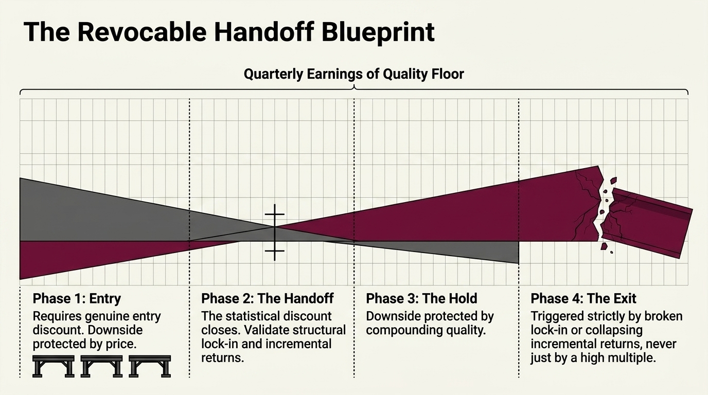 Four phases across the crossover: entry protected by price, the handoff where the discount
            closes and the franchise is validated, the hold protected by compounding quality, and the
            exit triggered by broken lock-in or collapsing incremental returns.